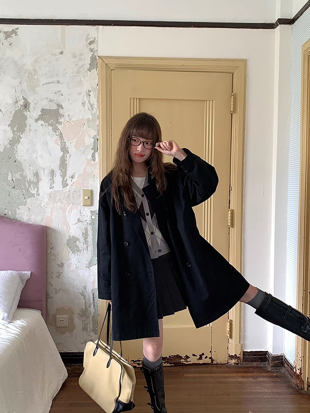 RAINY 韓国風デザイン ミドル丈 ピーターパンカラー トレンチコート レディース 春秋 ゆったりフィット ダブルブレスト 新スタイル ケープコート