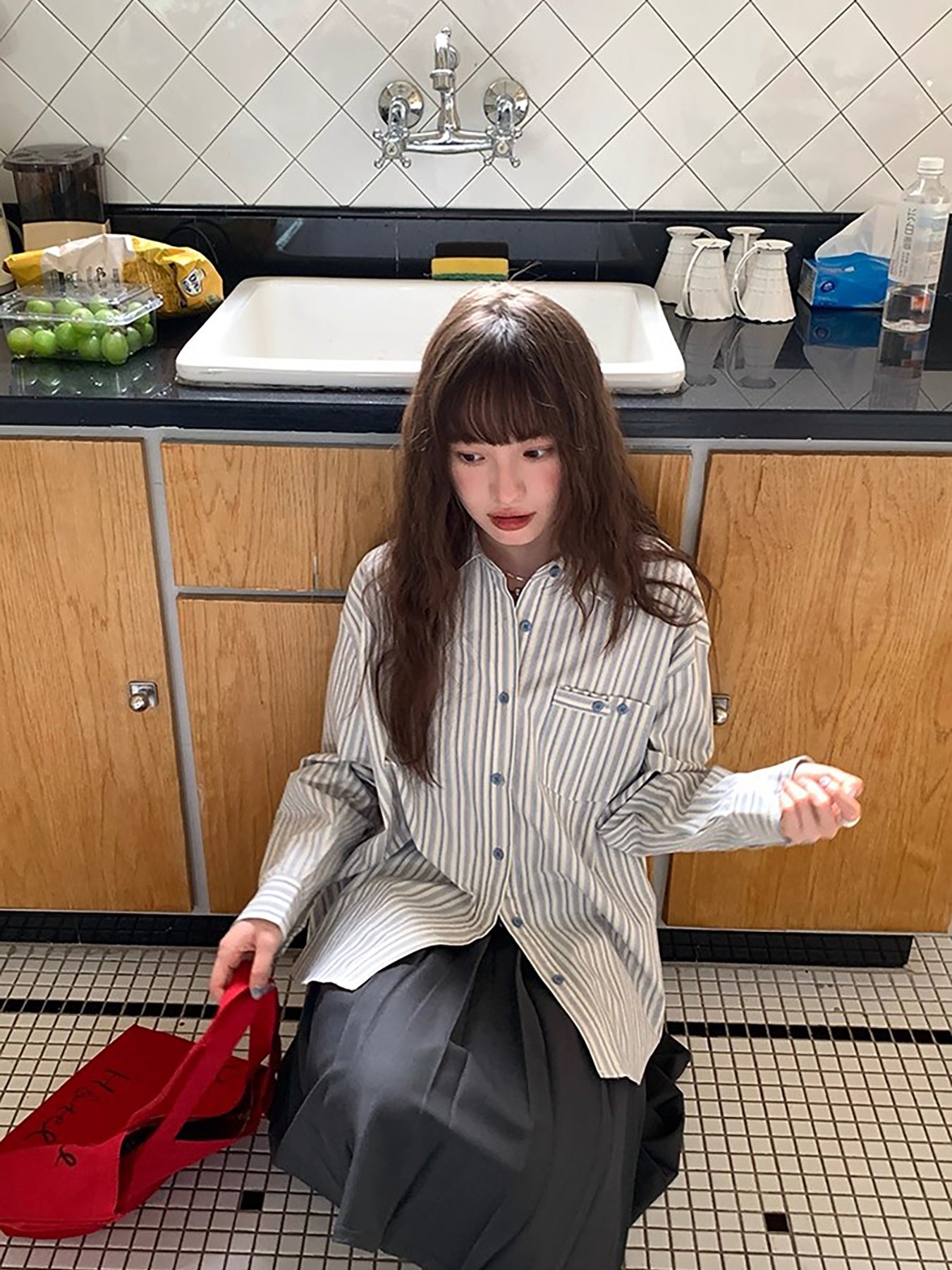 RAINY 韓国風 ゆったりめ ストライプ柄 長袖シャツ パッチポケット ドロップショルダー - 春秋に活躍する万能レトロブルーシャツ