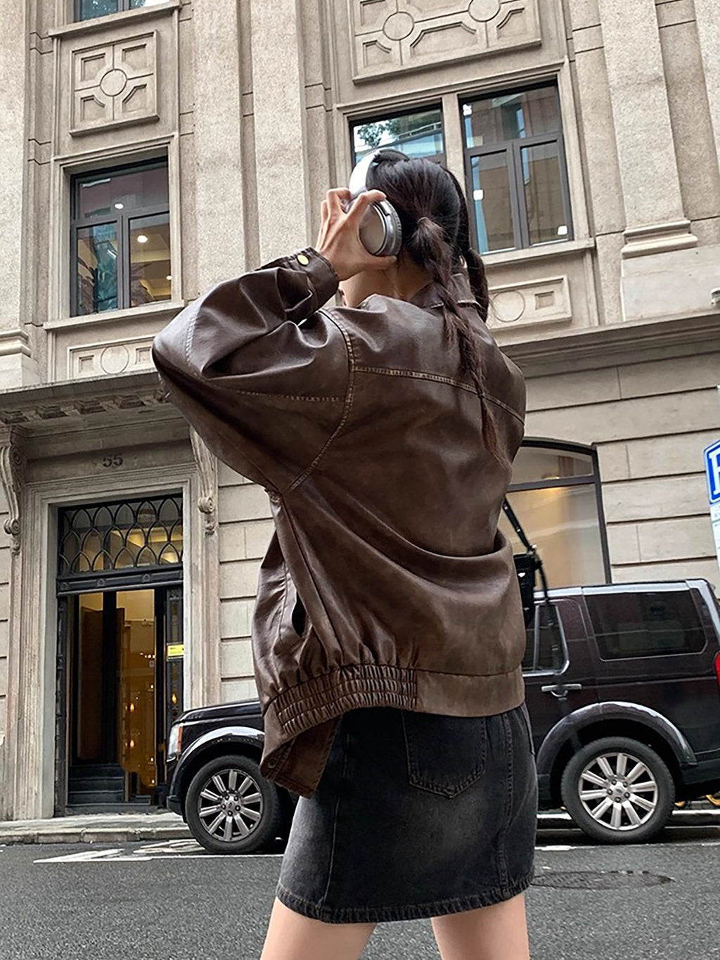 RAINY酷飒美拉德复古擦色做旧棕色皮衣女春秋机车美式夹克短外套