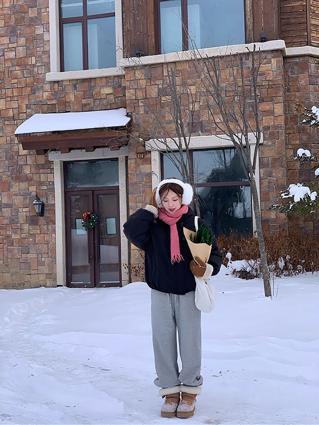 RAINY 慵懒直筒加厚加绒保暖运动裤秋冬女百搭卫裤松紧腰抽绳裤子