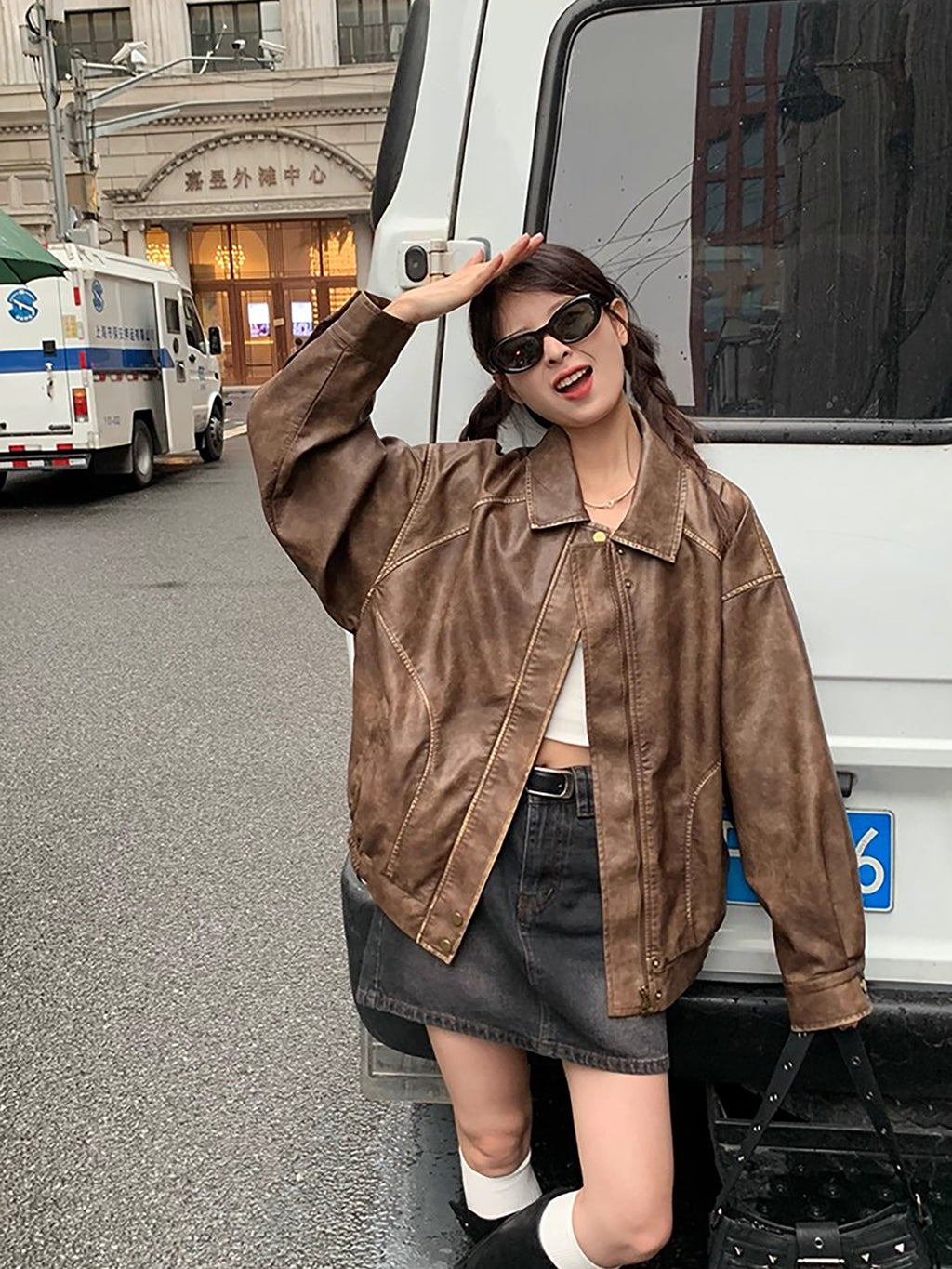 RAINY酷飒美拉德复古擦色做旧棕色皮衣女春秋机车美式夹克短外套