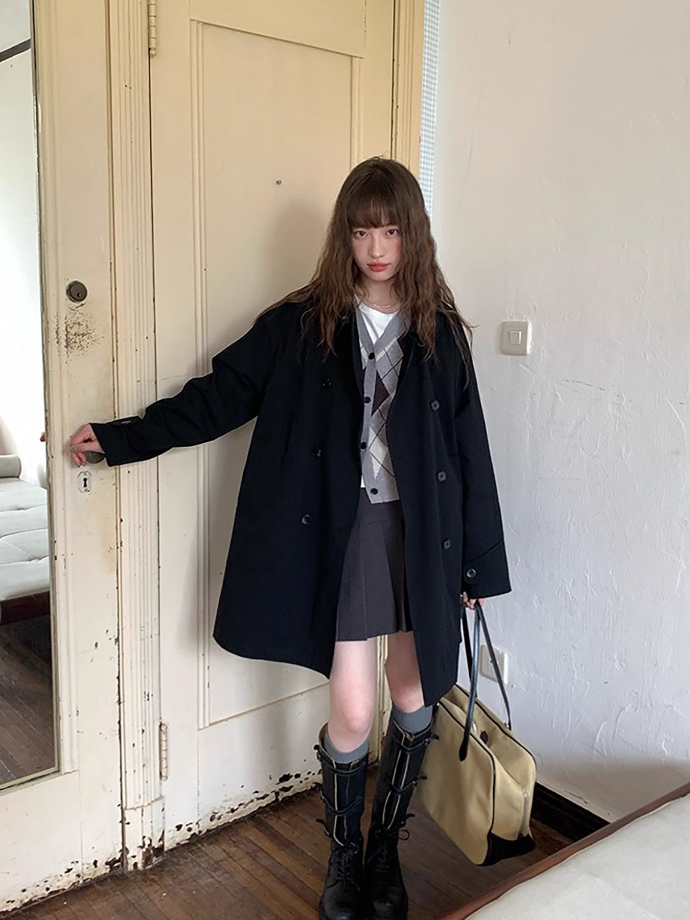 RAINY 韓国風デザイン ミドル丈 ピーターパンカラー トレンチコート レディース 春秋 ゆったりフィット ダブルブレスト 新スタイル ケープコート