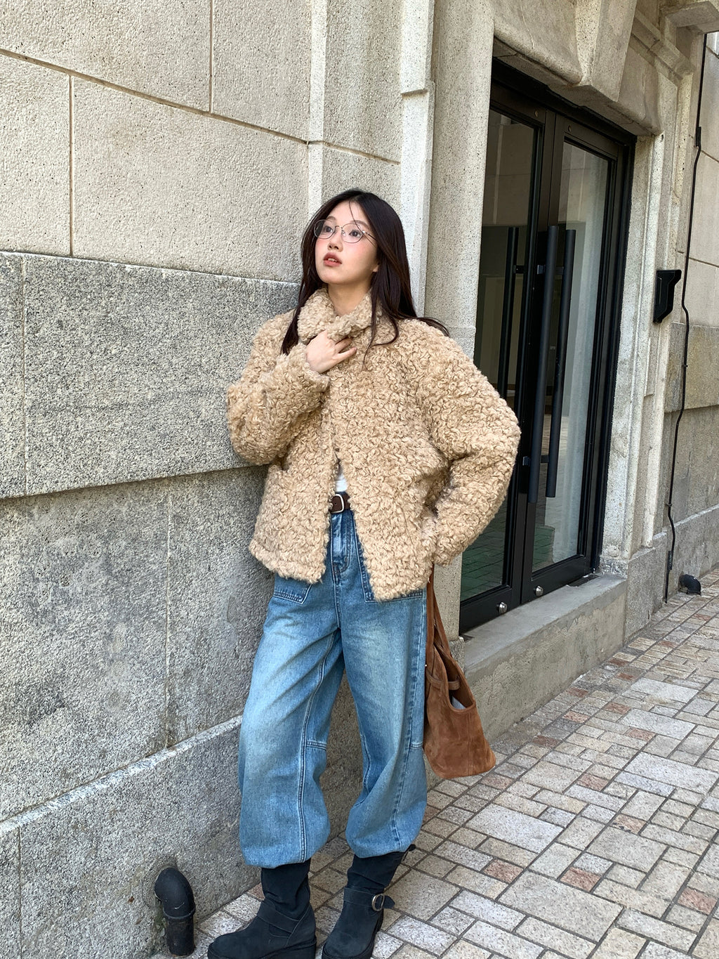 RAINY ゆったりとしたシンプルなショート丈ラムウール秋冬レディースレトロウール韓国風暖かいキルティングファーコート