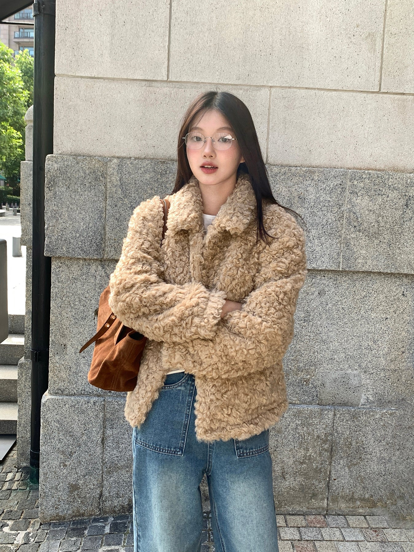 RAINY ゆったりとしたシンプルなショート丈ラムウール秋冬レディースレトロウール韓国風暖かいキルティングファーコート