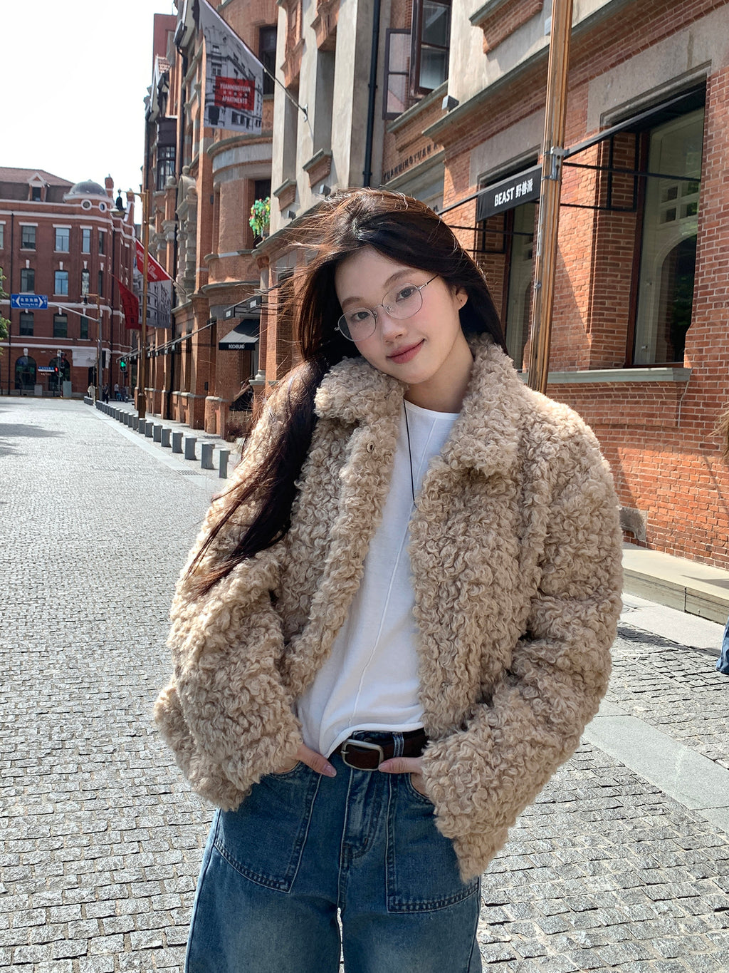 RAINY ゆったりとしたシンプルなショート丈ラムウール秋冬レディースレトロウール韓国風暖かいキルティングファーコート