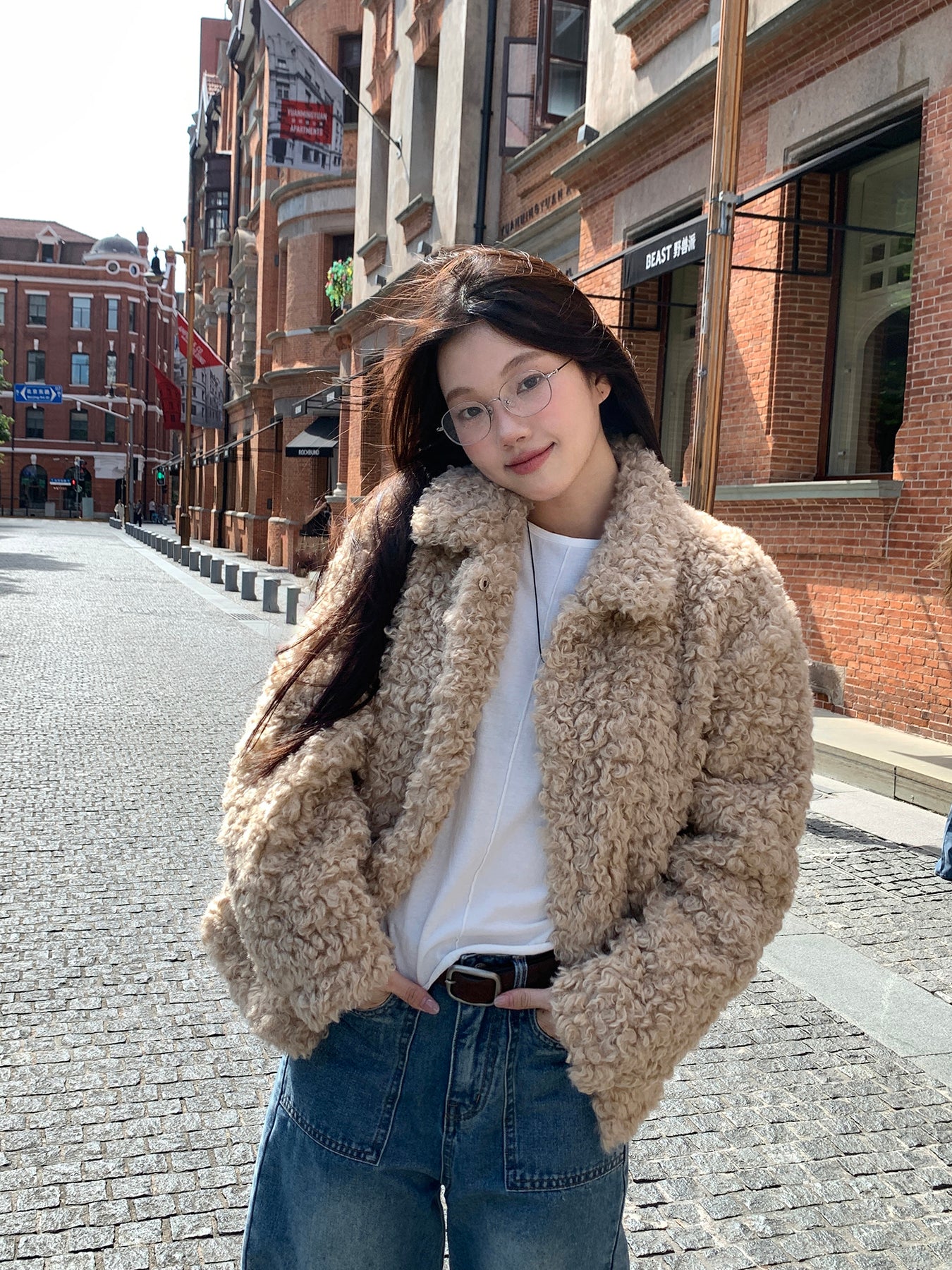 RAINY ゆったりとしたシンプルなショート丈ラムウール秋冬レディースレトロウール韓国風暖かいキルティングファーコート